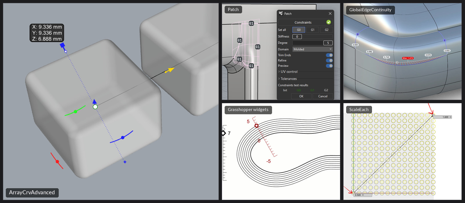 In-viewport UI widgets in ArrayCrvAdvanced, Patch, GlobalEdgeContinuity, the Grasshopper widget components and ScaleEach
