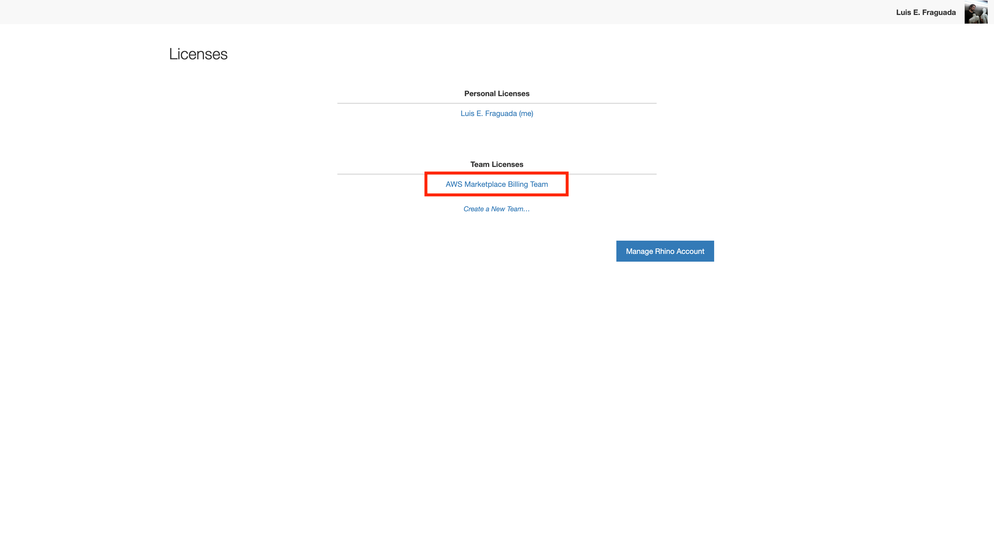 Rhino Licenses, choose a team